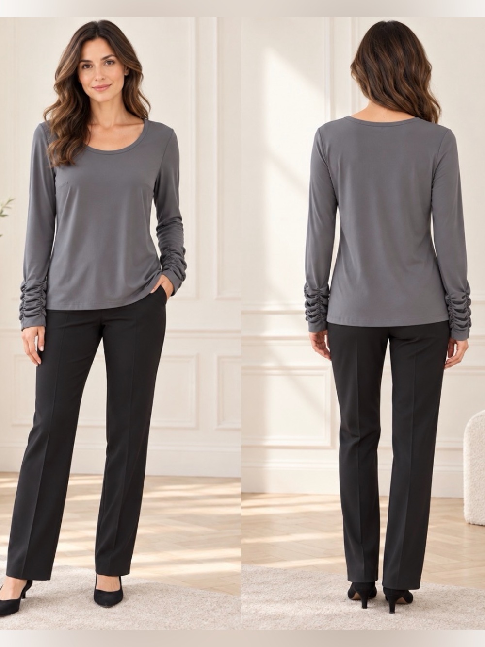 Joseph Ribkoff Grey Ruched Cuff Long Sleeve Top | Size 8